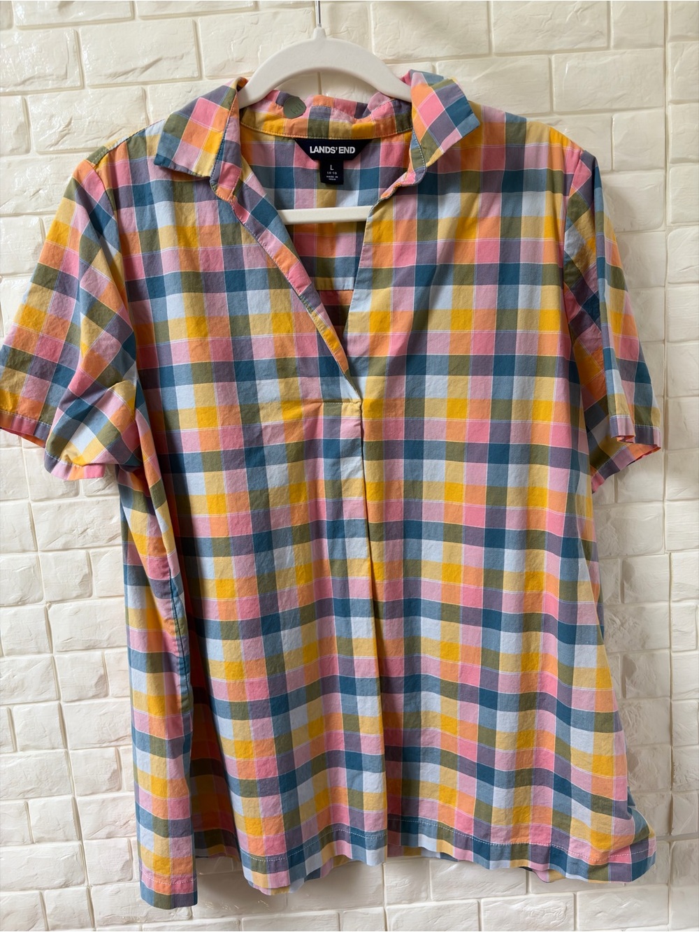 Lands' End Multicolor Plaid Short-Sleeve Tunic - Pink, Yellow, Blue, Green